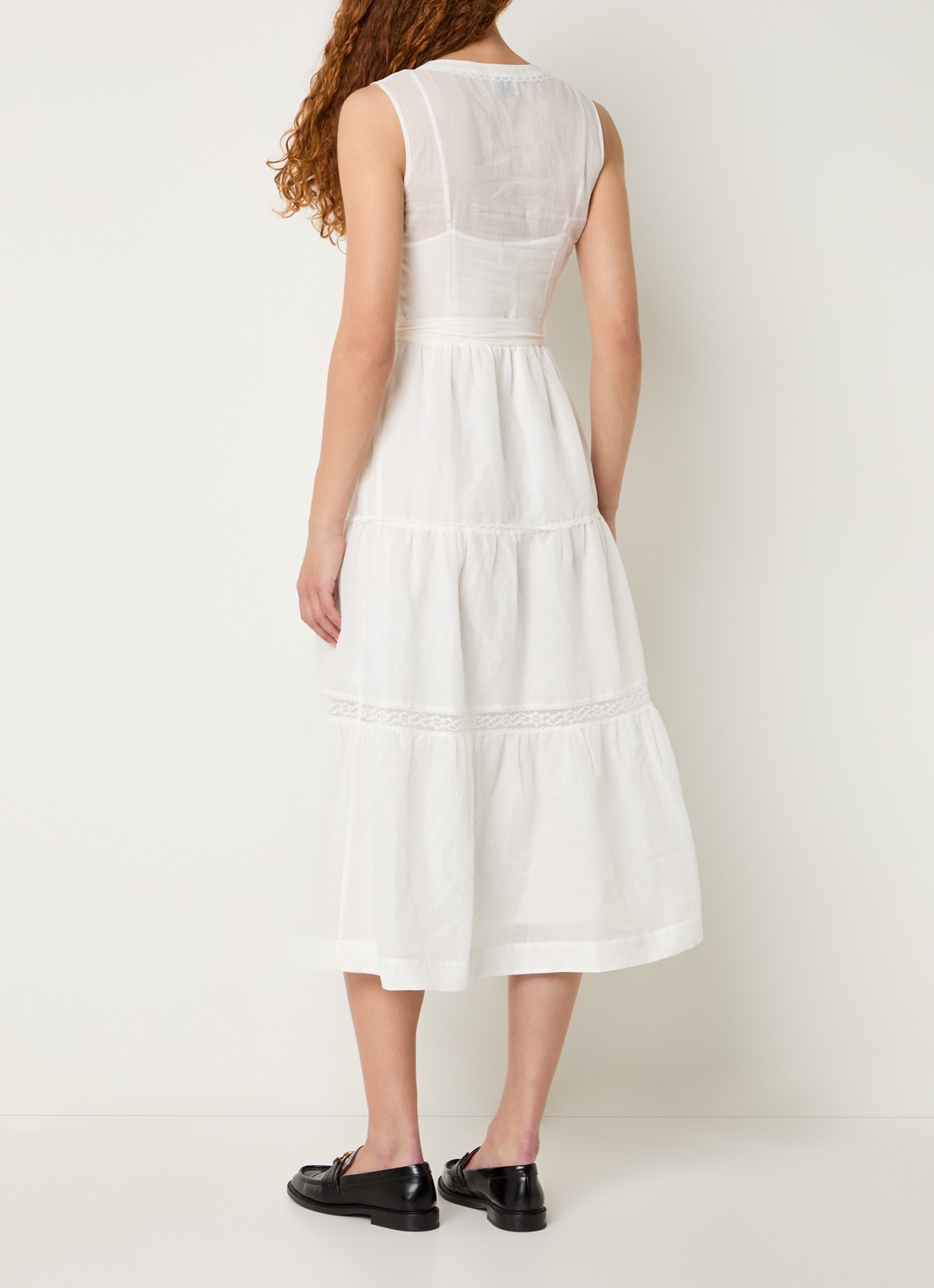Claudie Pierlot Maxi jurk met broderie en strikceintuur - achterkant 4 gebroken wit