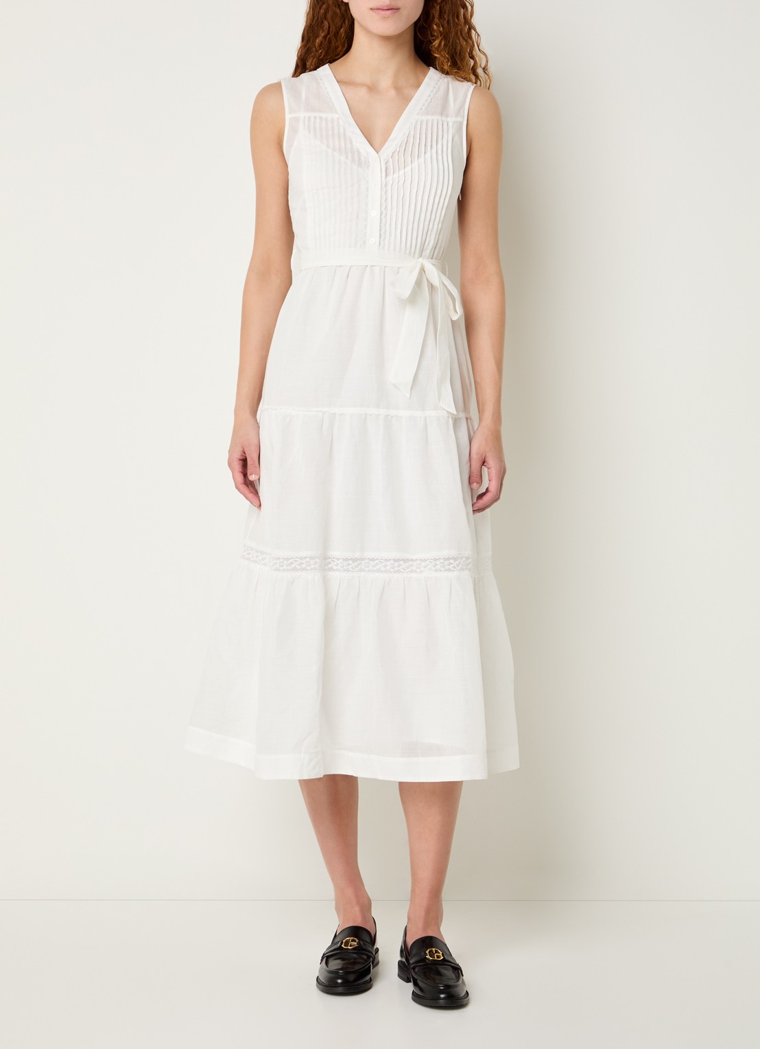 Claudie Pierlot Maxi jurk met broderie en strikceintuur - detail gebroken wit