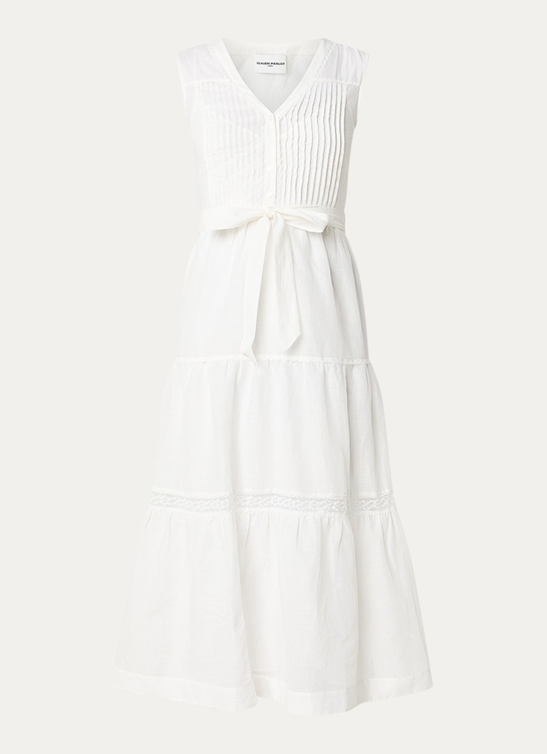 Claudie Pierlot Maxi jurk met broderie en strikceintuur - voorkant 2 gebroken wit