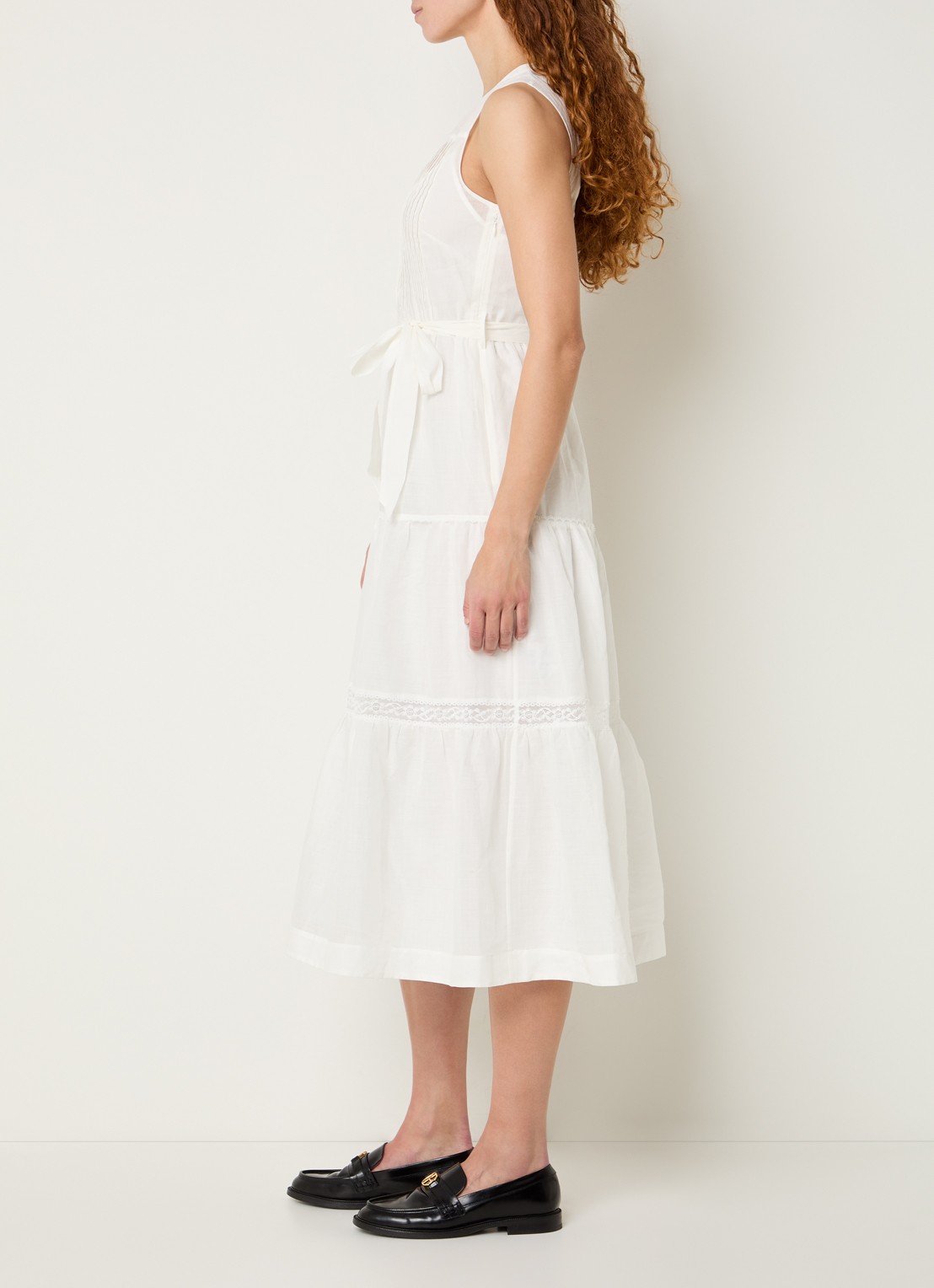 Claudie Pierlot Maxi jurk met broderie en strikceintuur - voorkant 3 gebroken wit