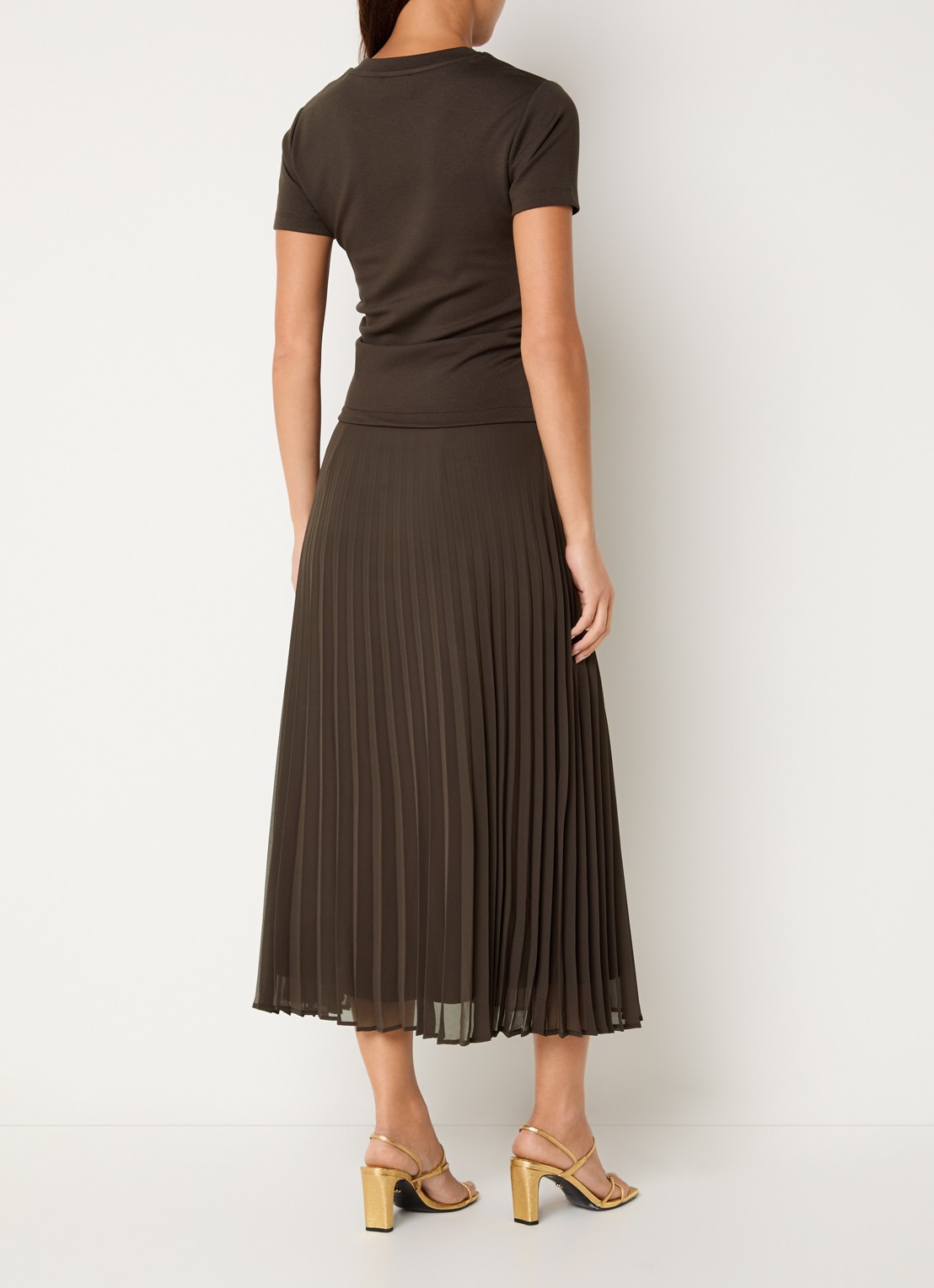 Claudie Pierlot Maxi jurk met plissé - achterkant 4 donkerbruin