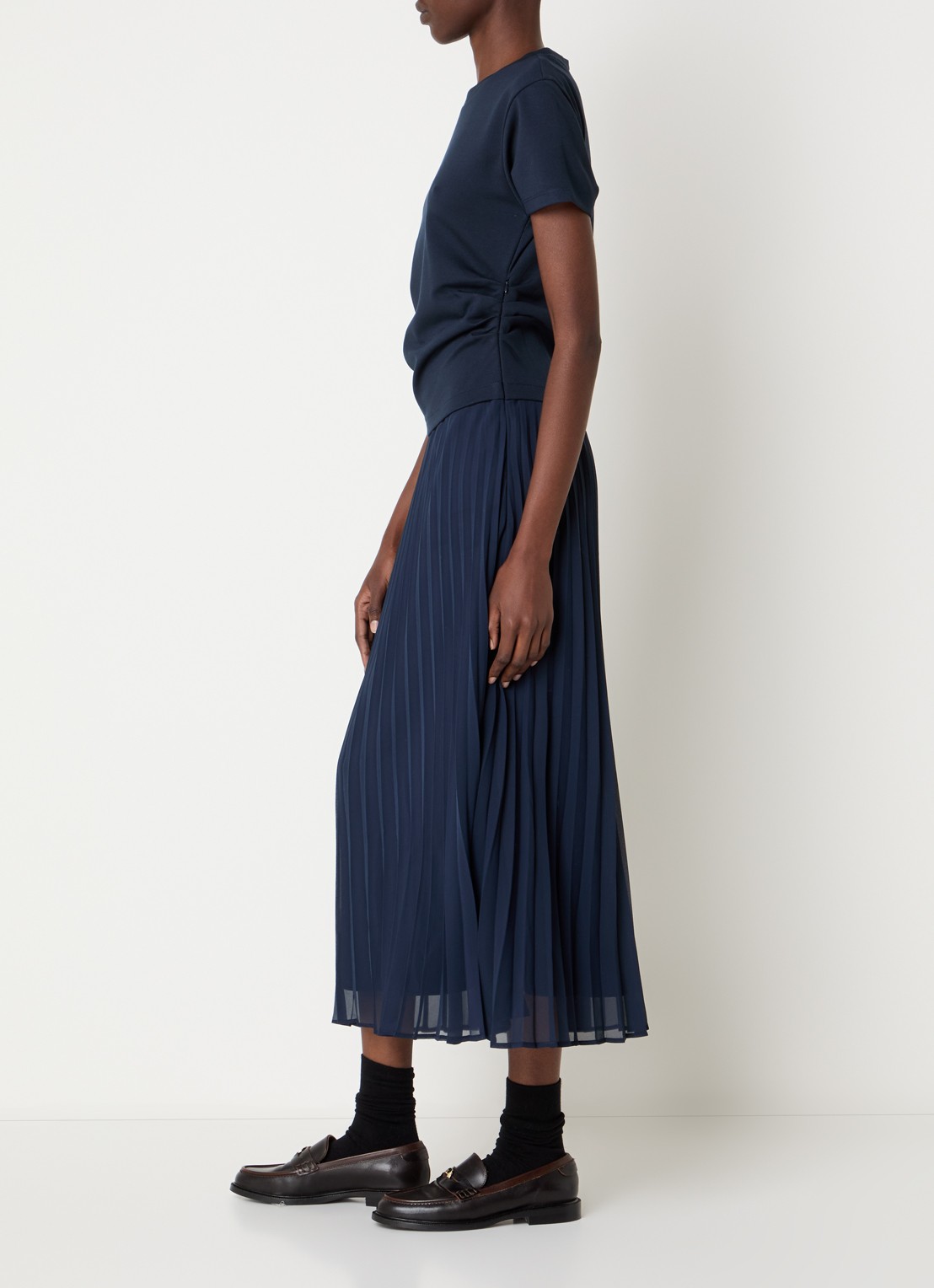 Claudie Pierlot Maxi jurk met plooidetail en ruches - voorkant 3 donkerblauw