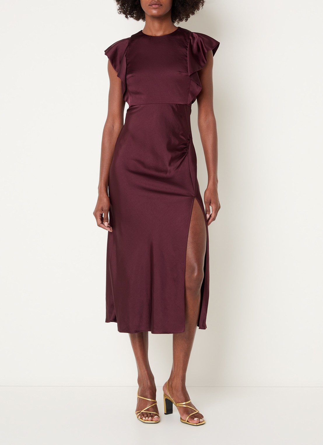 Claudie Pierlot Maxi jurk van satijn met split - detail 2 bordeauxrood