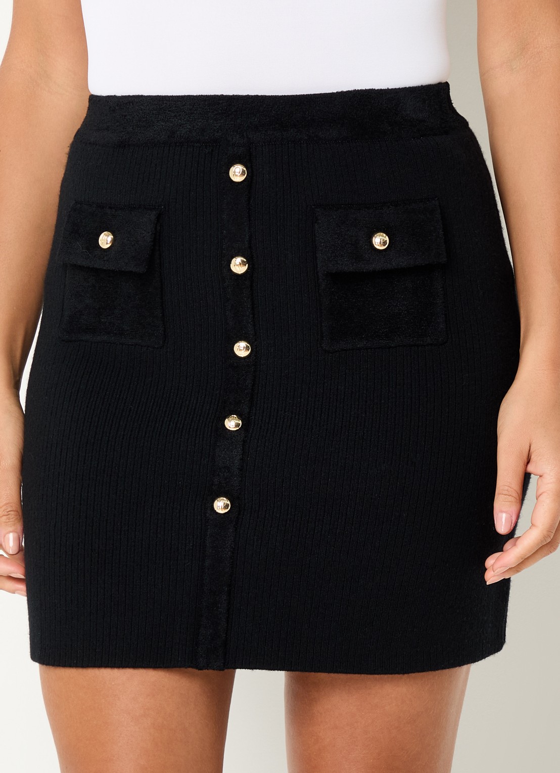 Claudie Pierlot Maxine ribgebreide minirok in wolblend met opgestikte zakken - detail 4 zwart