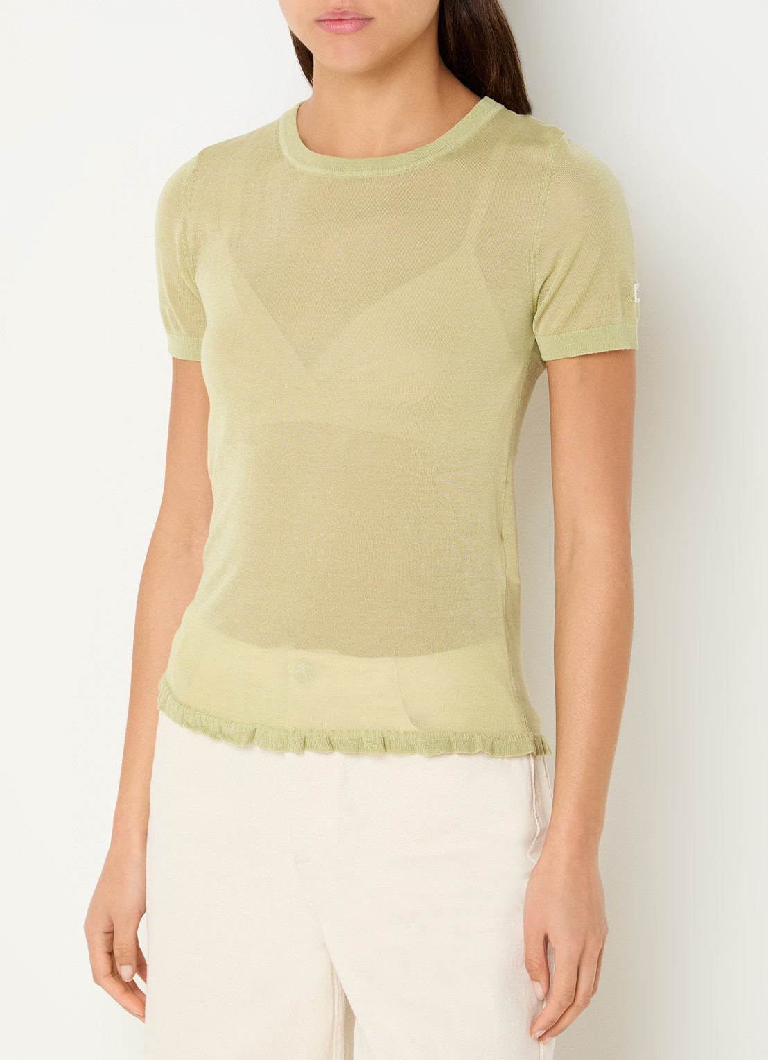 Claudie Pierlot Melight semi-transparante top in zijdeblend - detail lindegroen