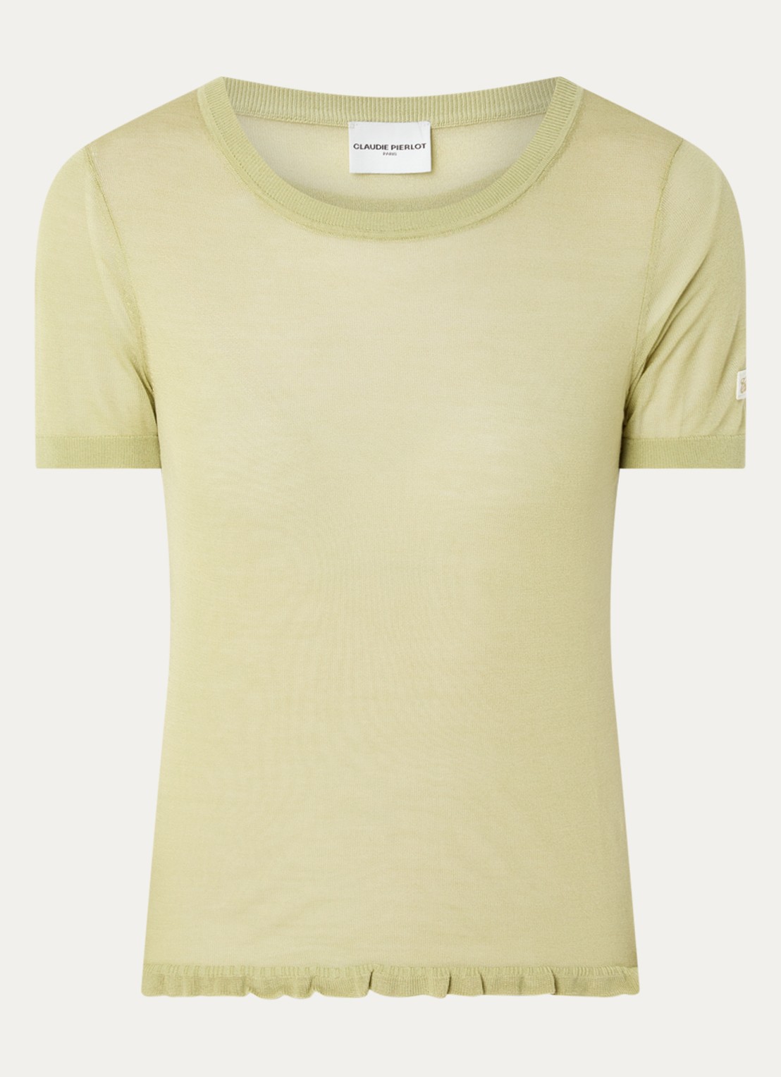 Claudie Pierlot Melight semi-transparante top in zijdeblend - voorkant 2 lindegroen