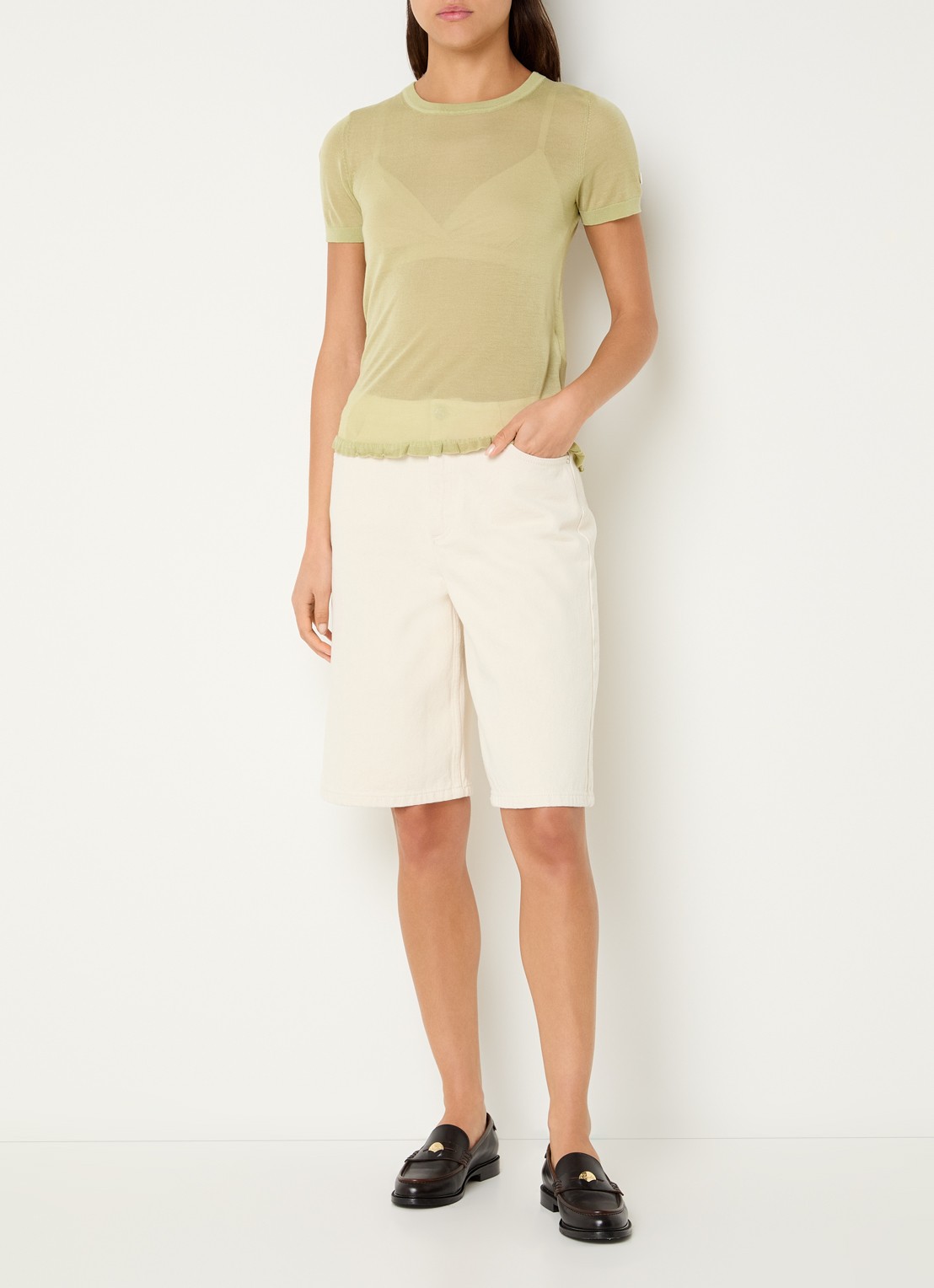 Claudie Pierlot Melight semi-transparante top in zijdeblend - voorkant 3 lindegroen