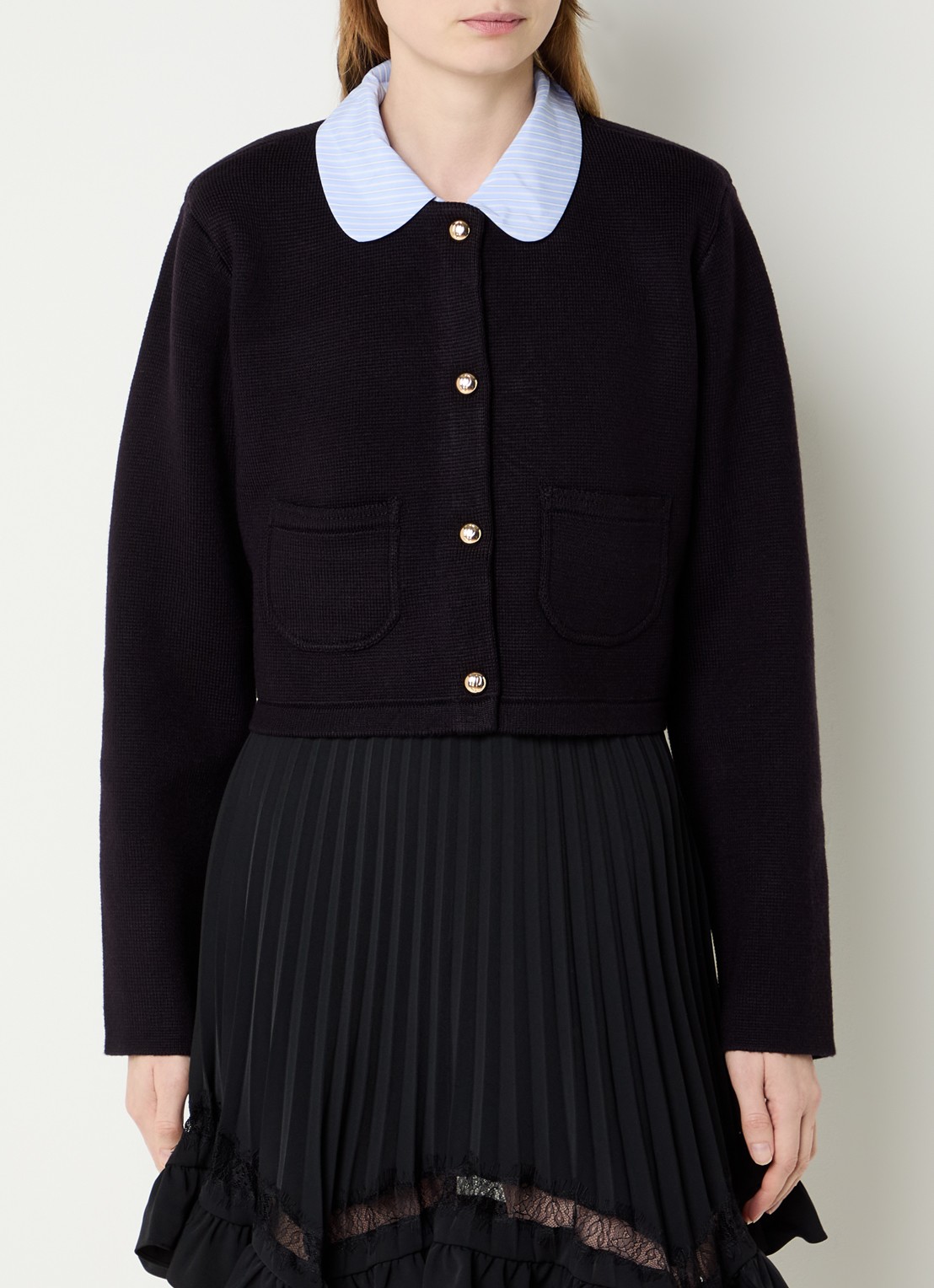 Claudie Pierlot Michalsummer cropped vest van wol met afneembare kraag - detail donkerblauw