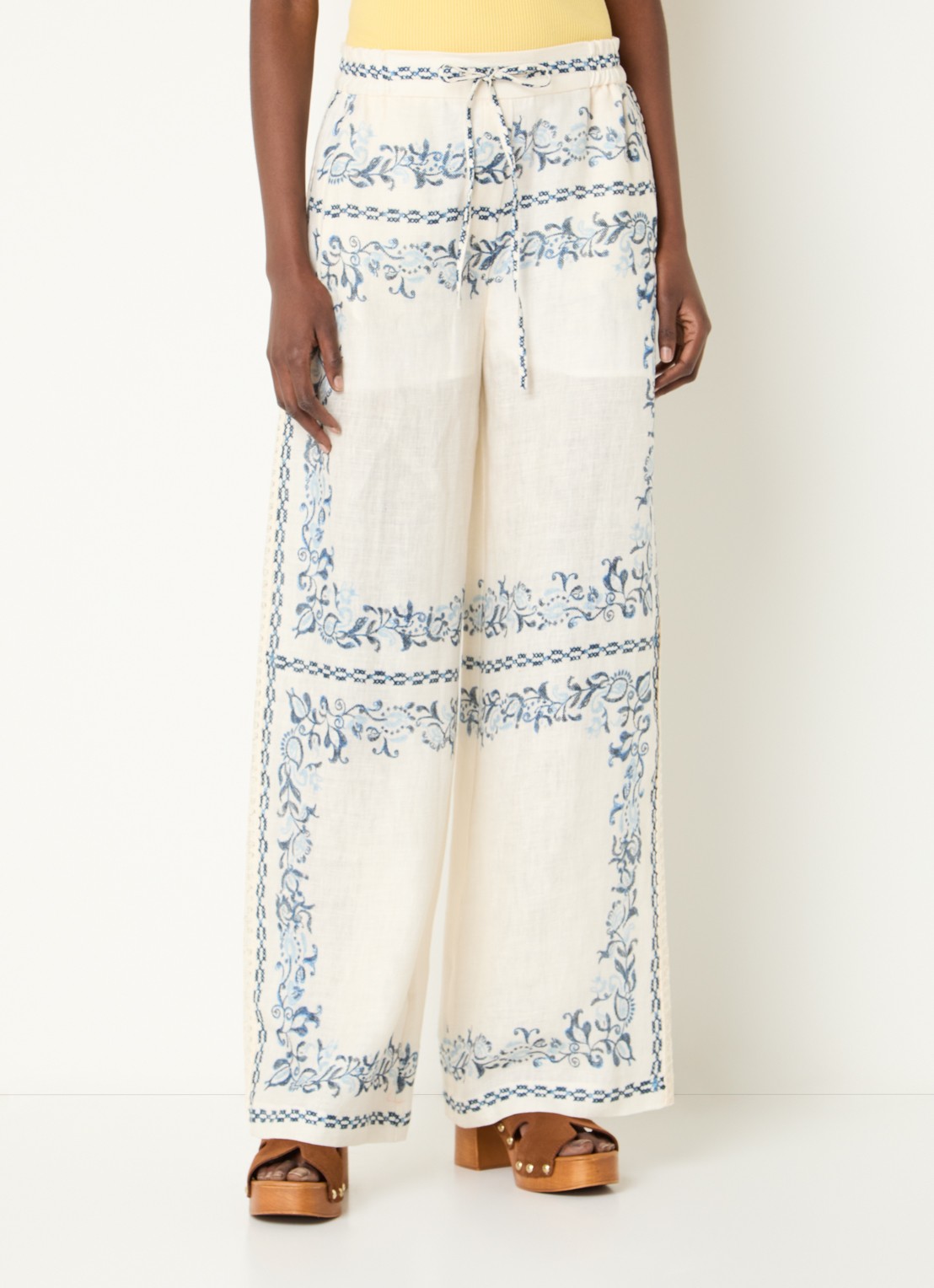 Claudie Pierlot Mid waist wide fit palazzo broek met steekzakken en details van kant - detail 3 creme
