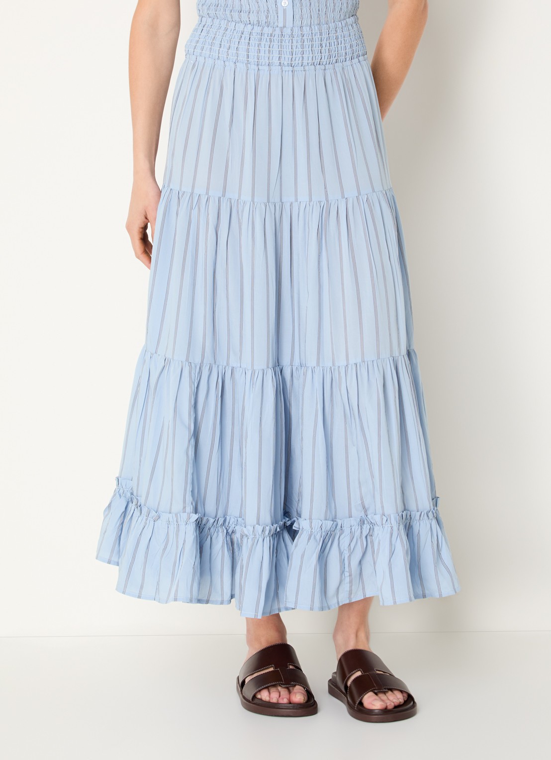 Claudie Pierlot Midi A-lijn rok met streepprint en smockwerk - detail 4 lichtblauw