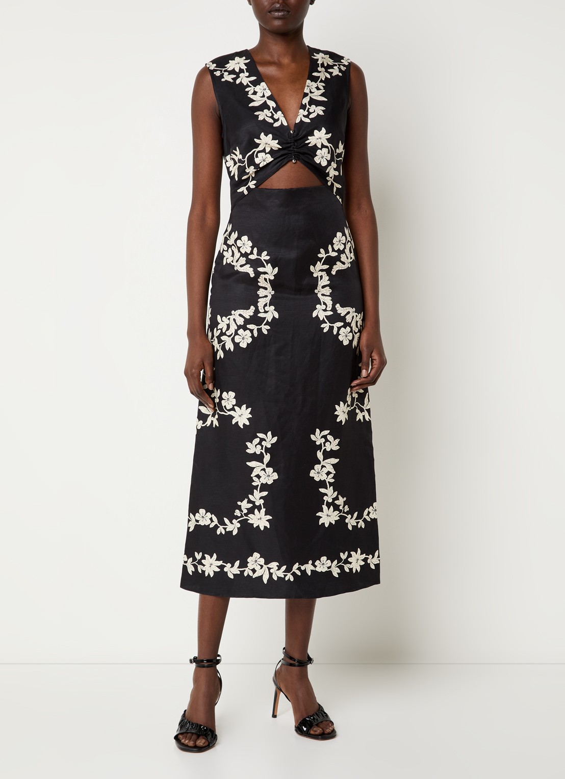 Claudie Pierlot Midi jurk in linnenblend met split en print - detail 2 zwart