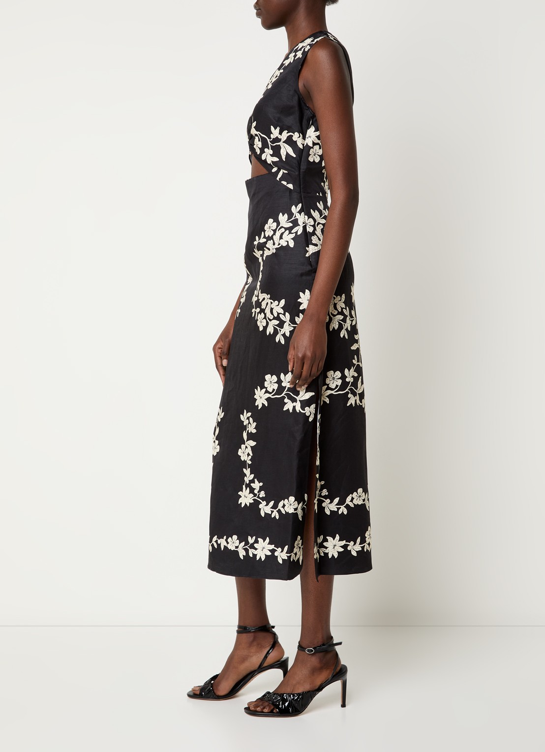 Claudie Pierlot Midi jurk in linnenblend met split en print - voorkant 4 zwart