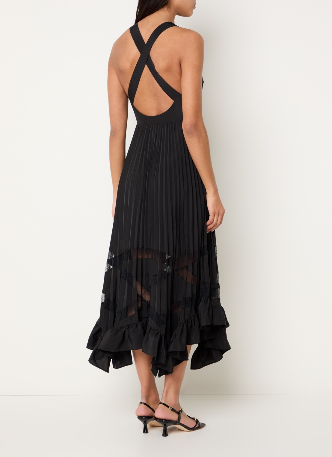 Claudie Pierlot Midi jurk met details van kant en plooien - achterkant zwart