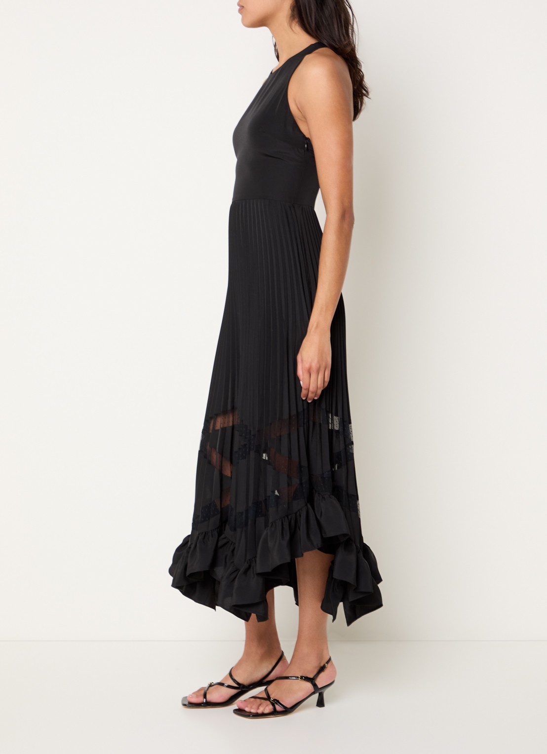 Claudie Pierlot Midi jurk met details van kant en plooien - voorkant 4 zwart