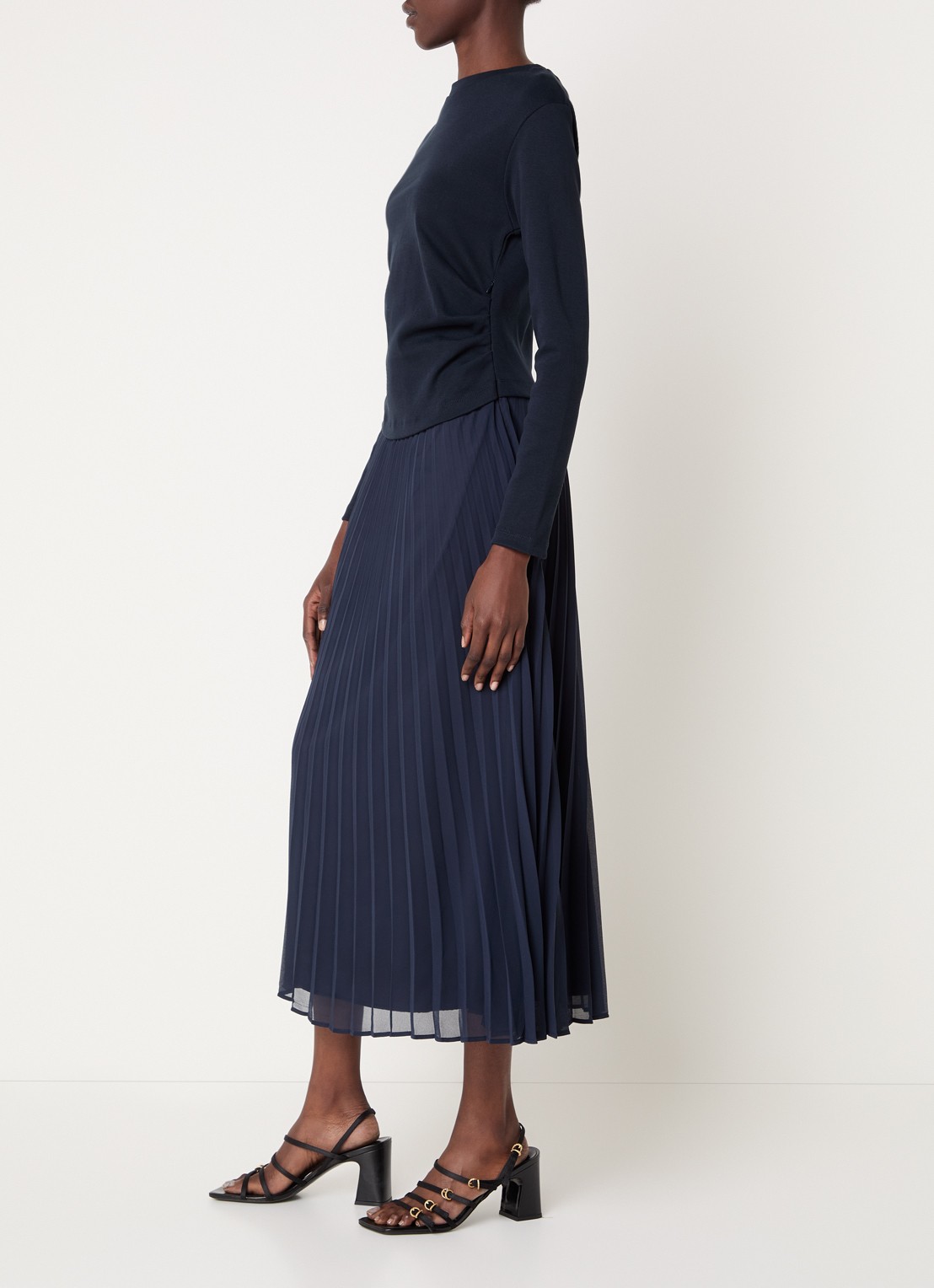 Claudie Pierlot Midi jurk met plissé - voorkant 4 donkerblauw