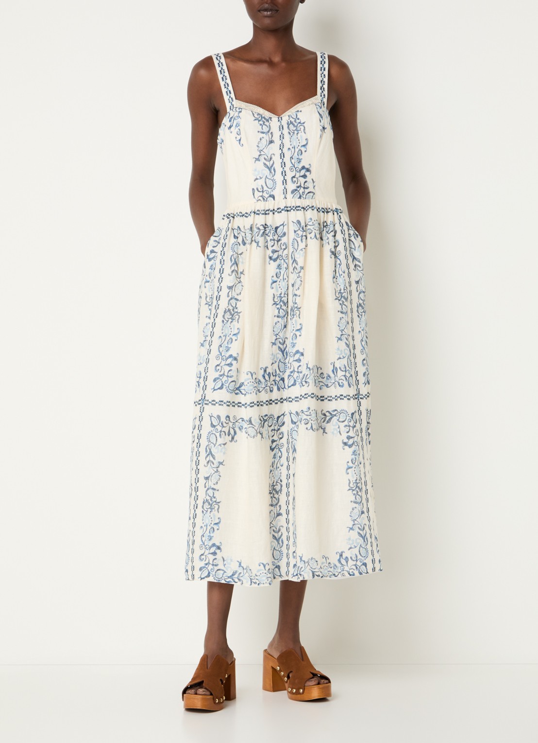 Claudie Pierlot Midi jurk van linnen met bloemenprint en steekzakken - detail 4 gebroken wit