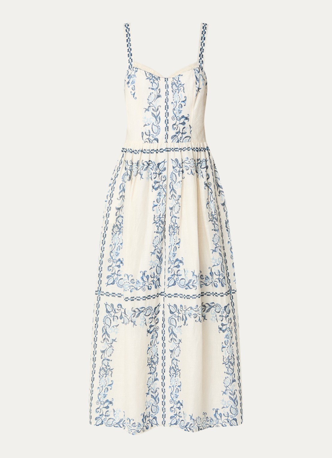 Claudie Pierlot Midi jurk van linnen met bloemenprint en steekzakken - voorkant gebroken wit