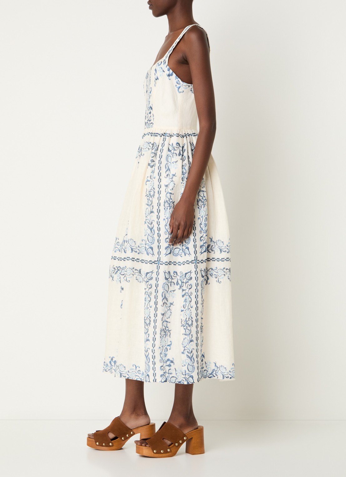 Claudie Pierlot Midi jurk van linnen met bloemenprint en steekzakken - voorkant 2 gebroken wit
