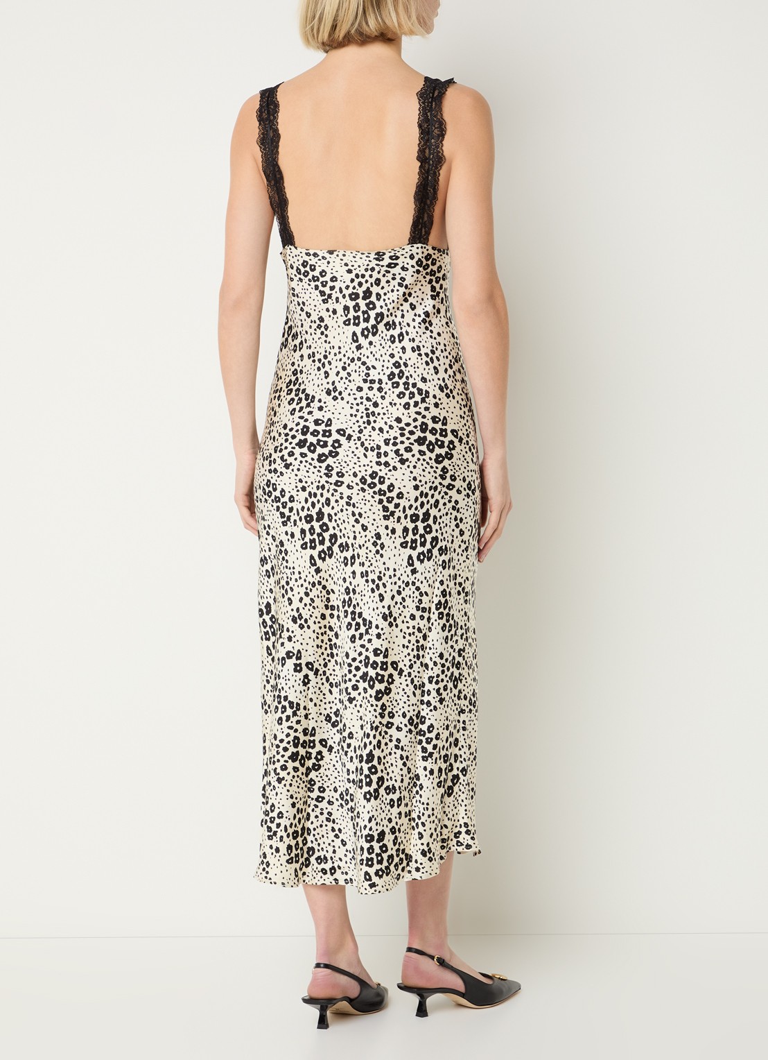 Claudie Pierlot Midi jurk van satijn met print en details van kant - achterkant creme