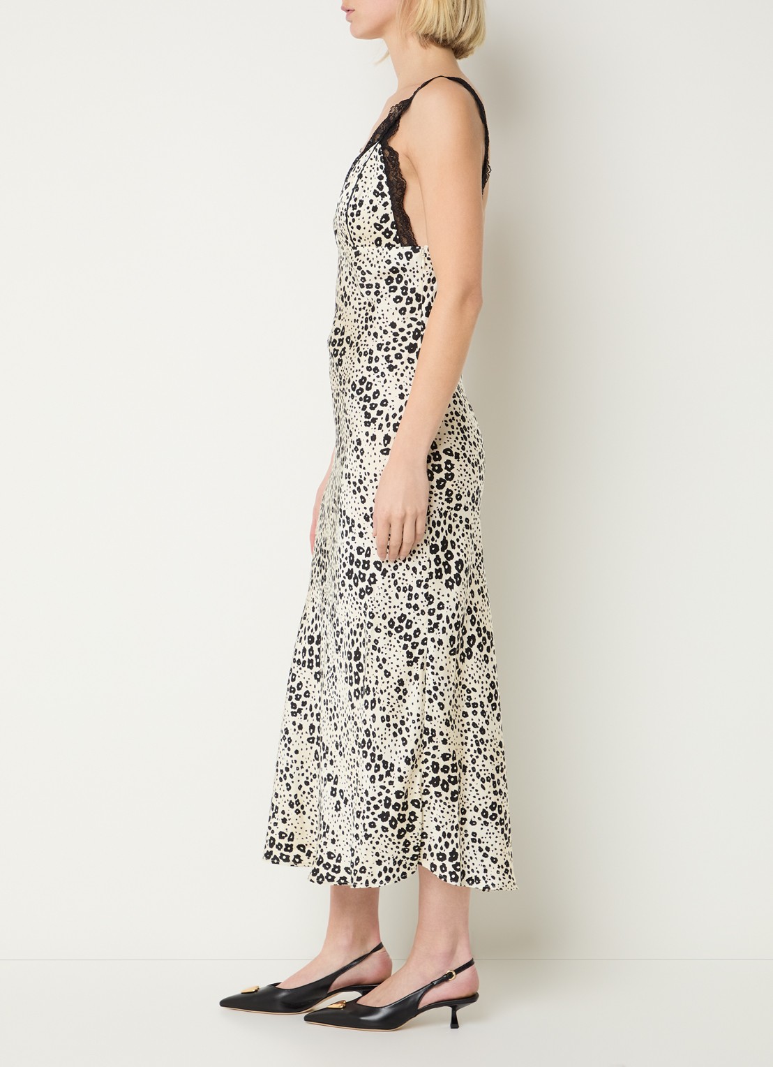 Claudie Pierlot Midi jurk van satijn met print en details van kant - voorkant 4 creme
