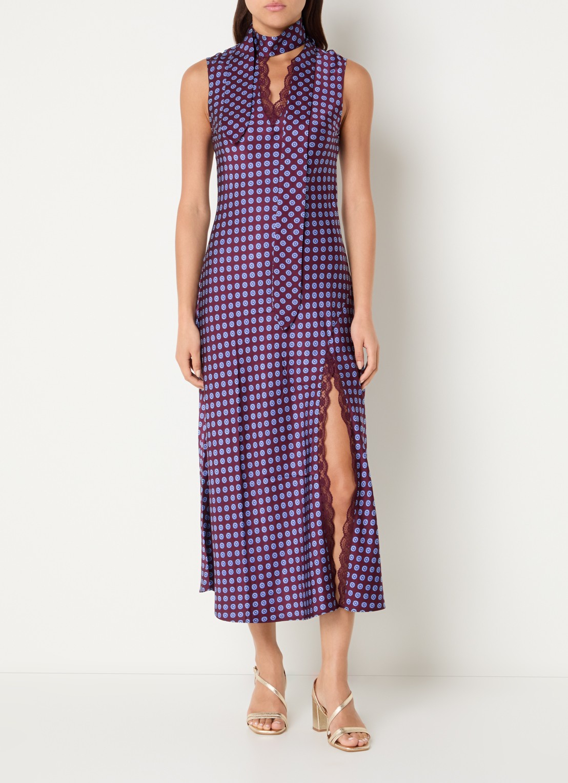 Claudie Pierlot Midi jurk van satijn met print - detail 4 aubergine