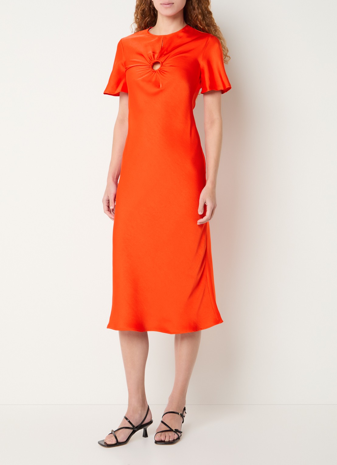 Claudie Pierlot Midi jurk van satijn - detail koraalrood