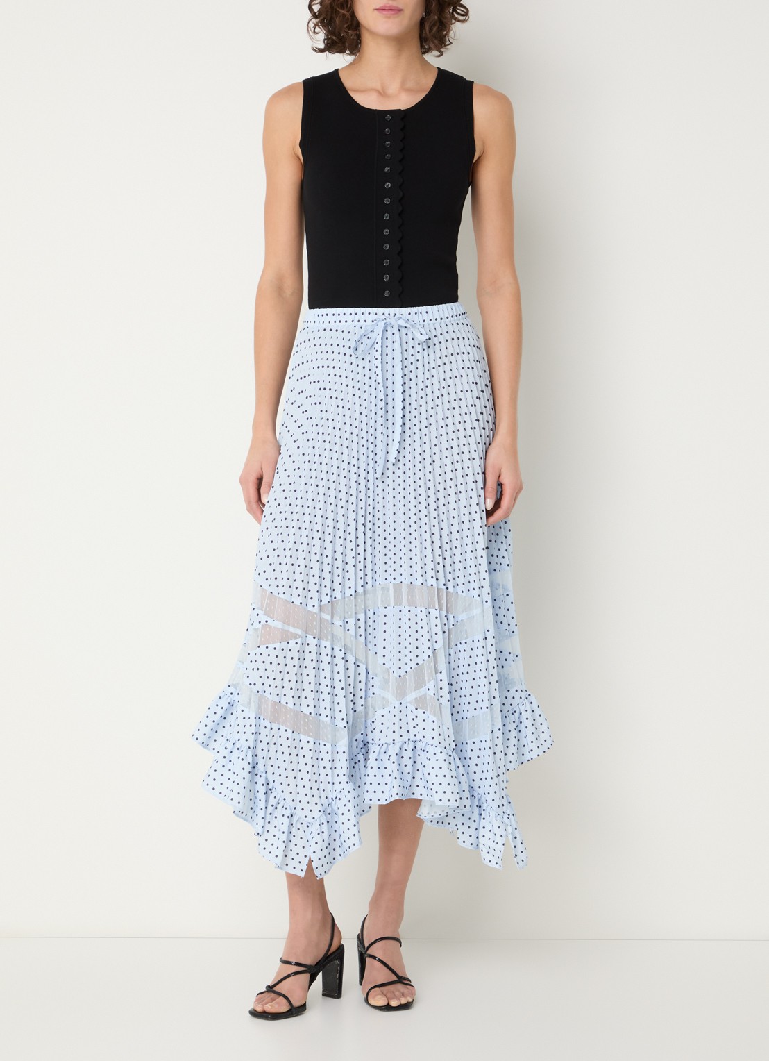 Claudie Pierlot Midi plooirok met stippenprint  - voorkant 2 lichtblauw