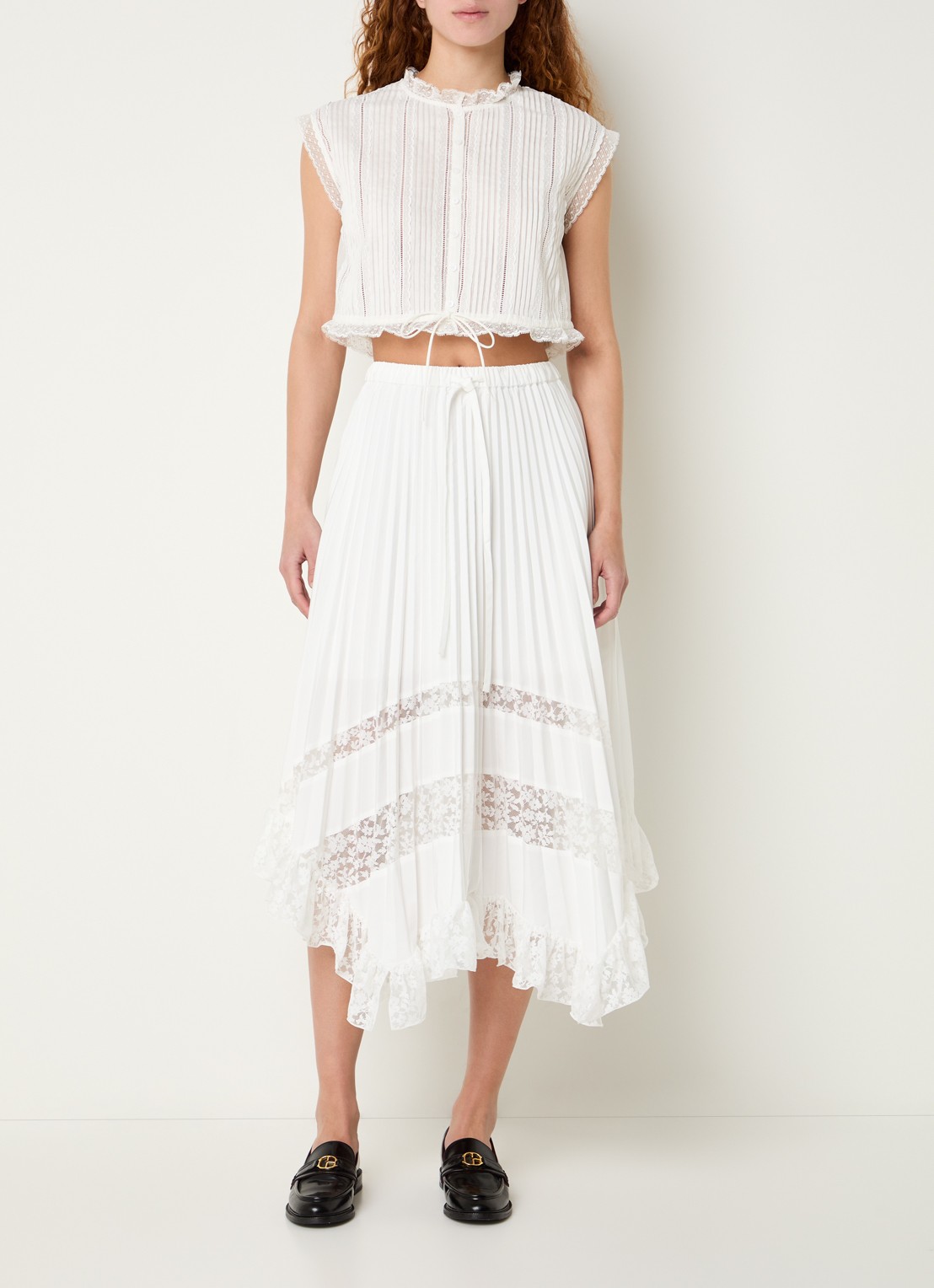 Claudie Pierlot Midi rok met broderie en plooien - voorkant 3 gebroken wit