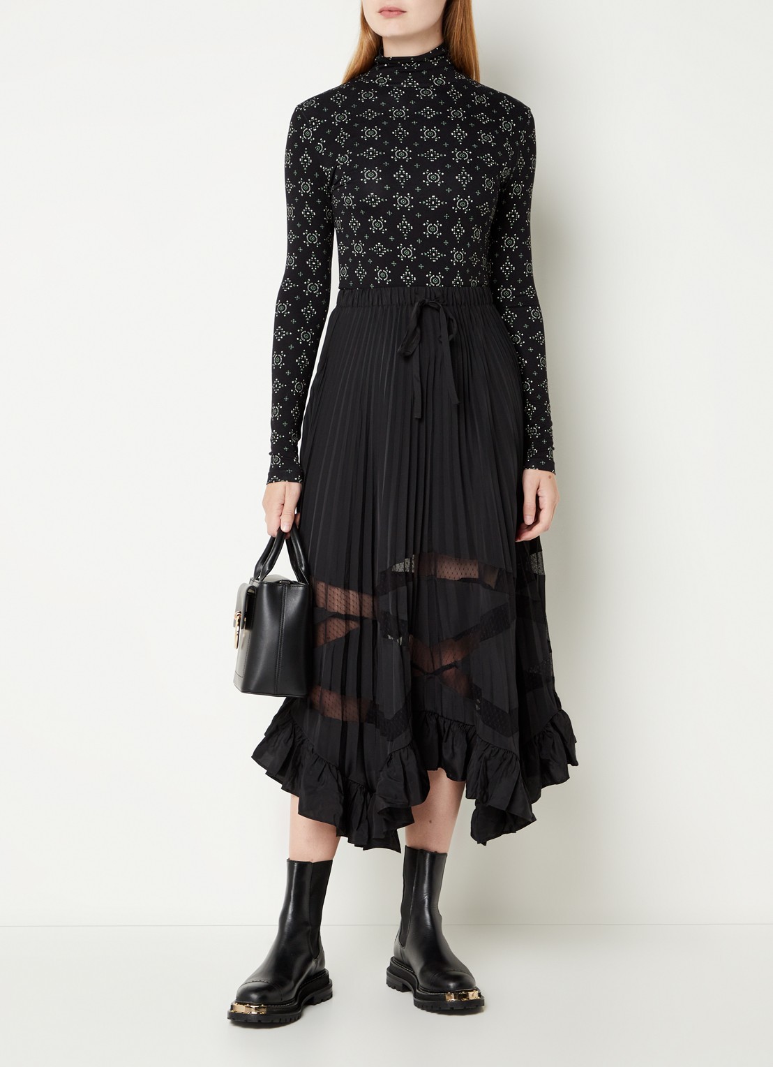 Claudie Pierlot Midi rok met plissé en volant - voorkant 4 zwart