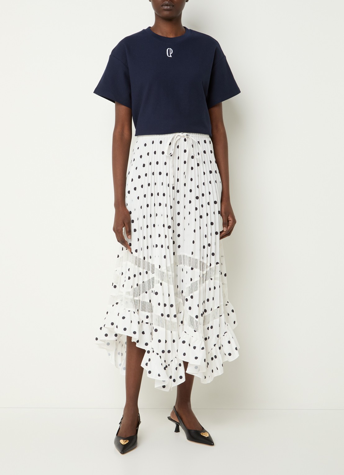 Claudie Pierlot Midi rok met stippenprint en plissé  - voorkant 4 gebroken wit