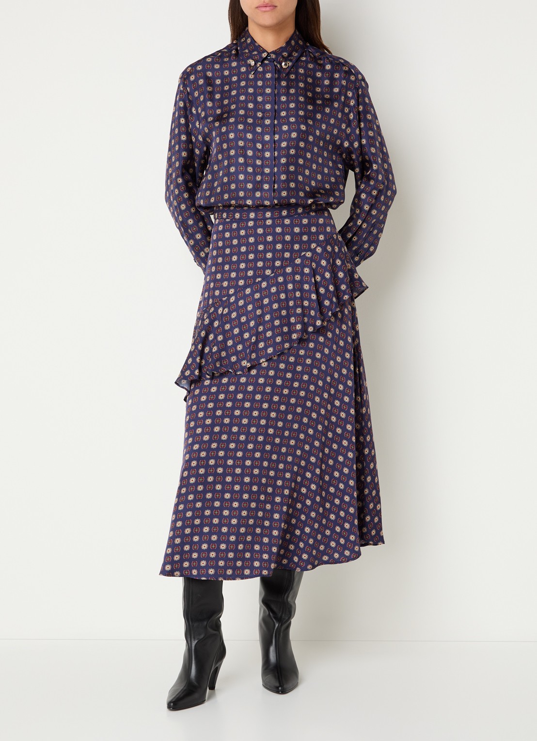 Claudie Pierlot Midi rok met volant en print - voorkant 3 donkerblauw