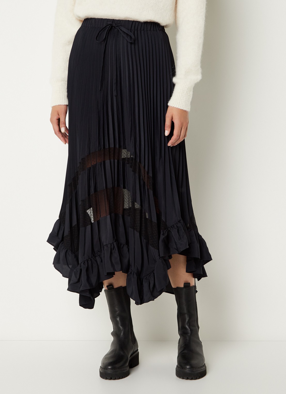 Claudie Pierlot Midirok met plissé en volant - detail 3 donkerblauw