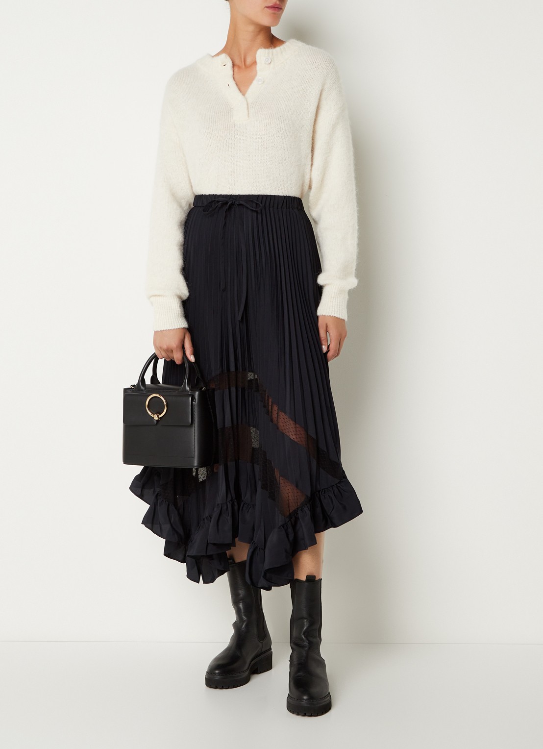 Claudie Pierlot Midirok met plissé en volant - voorkant 2 donkerblauw