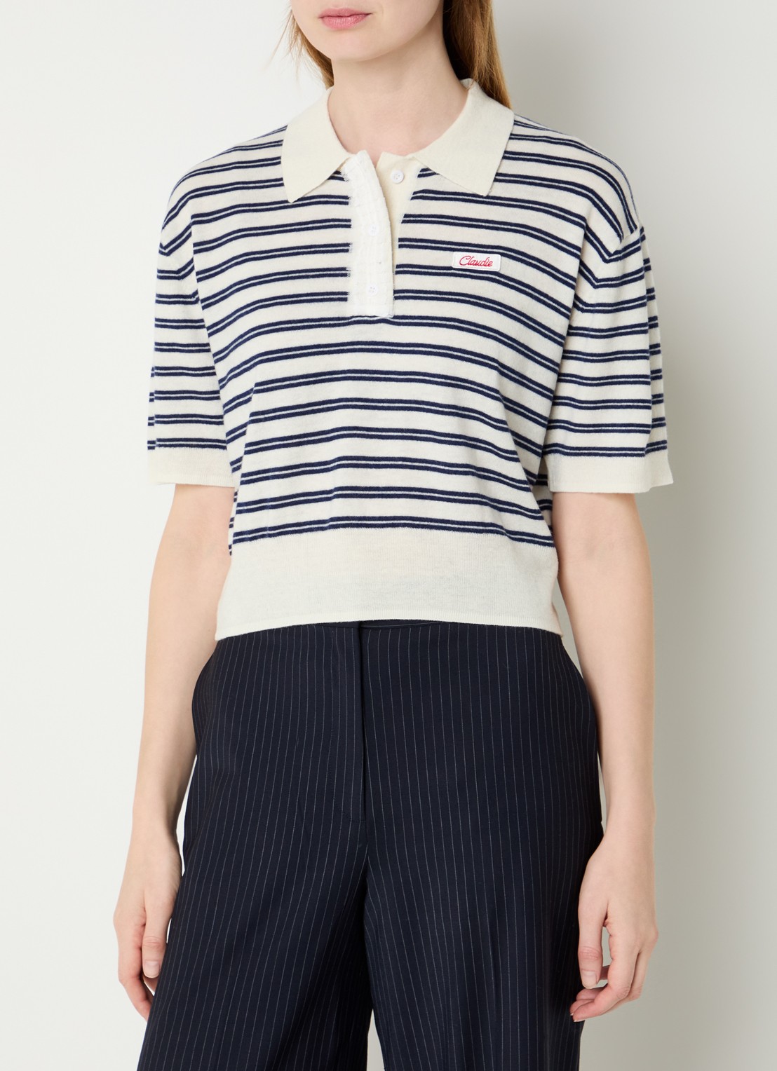 Claudie Pierlot Millys fijngebreide polo van wol met streepprint - detail 4 gebroken wit
