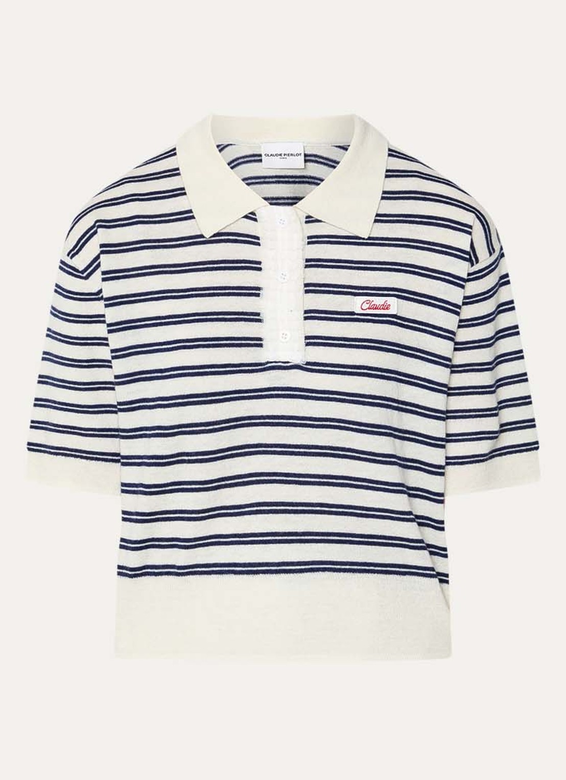 Claudie Pierlot Millys fijngebreide polo van wol met streepprint - voorkant 2 gebroken wit