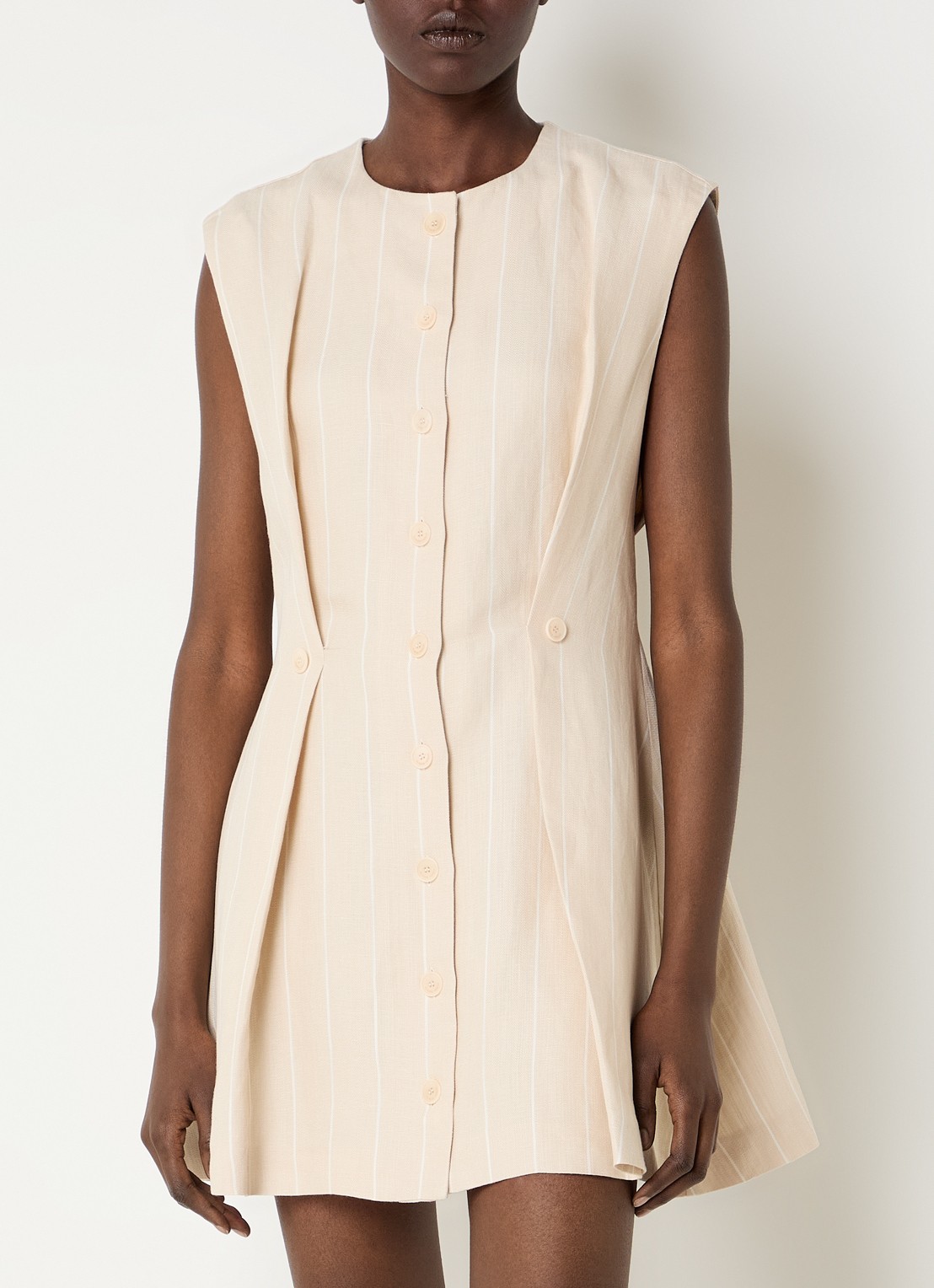 Claudie Pierlot Mini A-lijn jurk in linnenblend met streepprint - detail zand