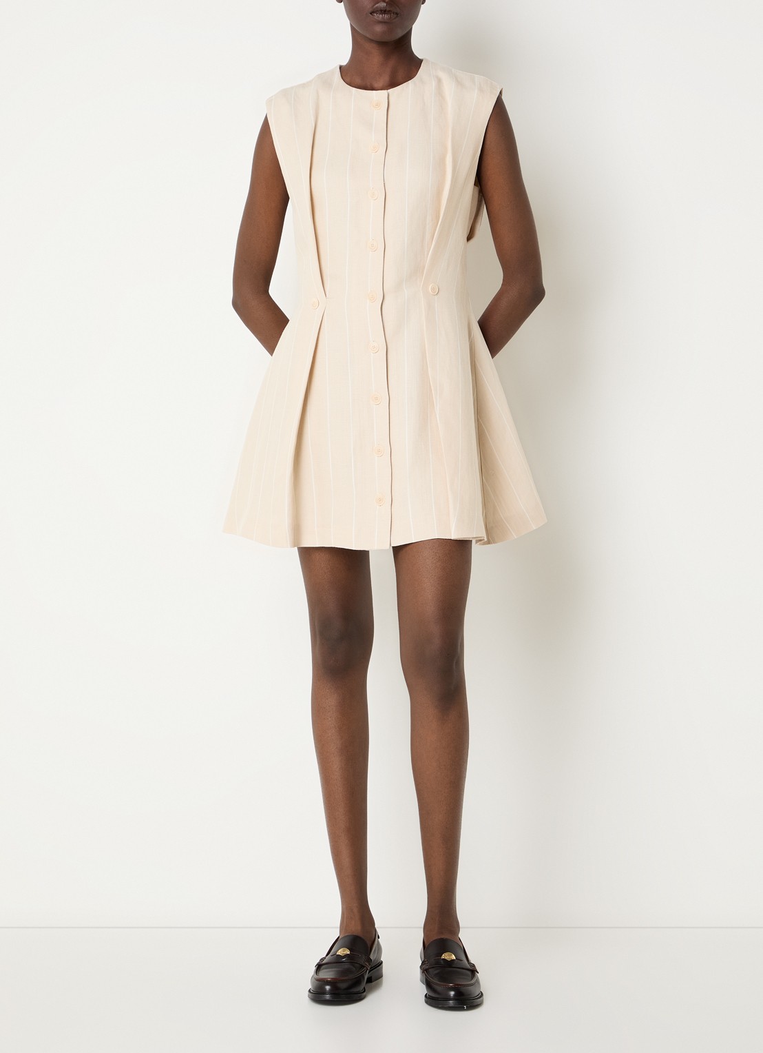 Claudie Pierlot Mini A-lijn jurk in linnenblend met streepprint - voorkant 4 zand