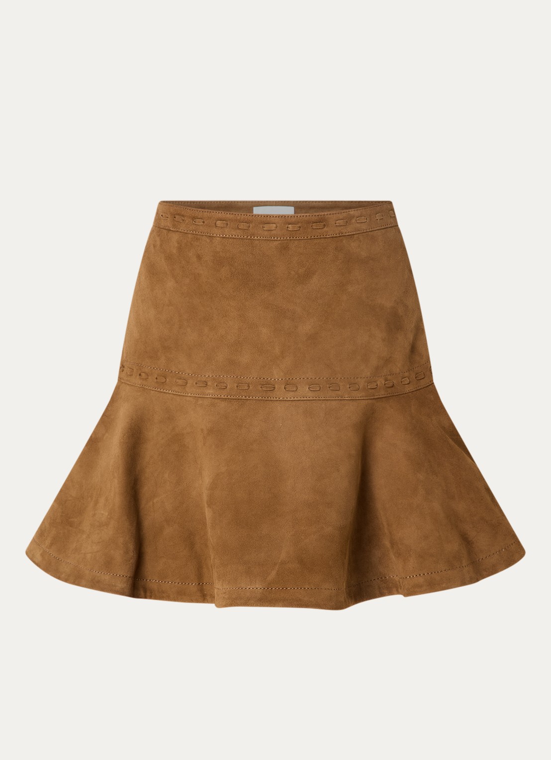 Claudie Pierlot Mini A-lijn rok van geitensuède - voorkant 2 camel