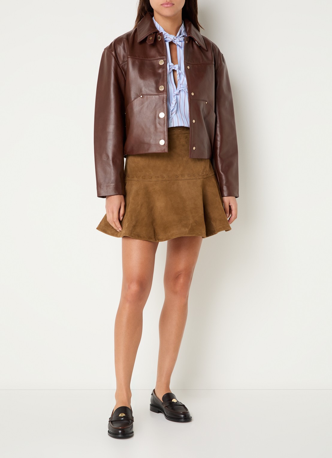 Claudie Pierlot Mini A-lijn rok van geitensuède - voorkant 3 camel