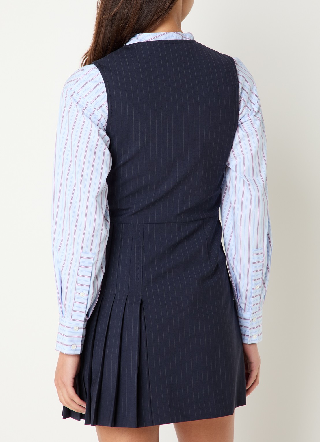 Claudie Pierlot Mini blazerjurk in wolblend met plooien en krijtstreep - achterkant donkerblauw