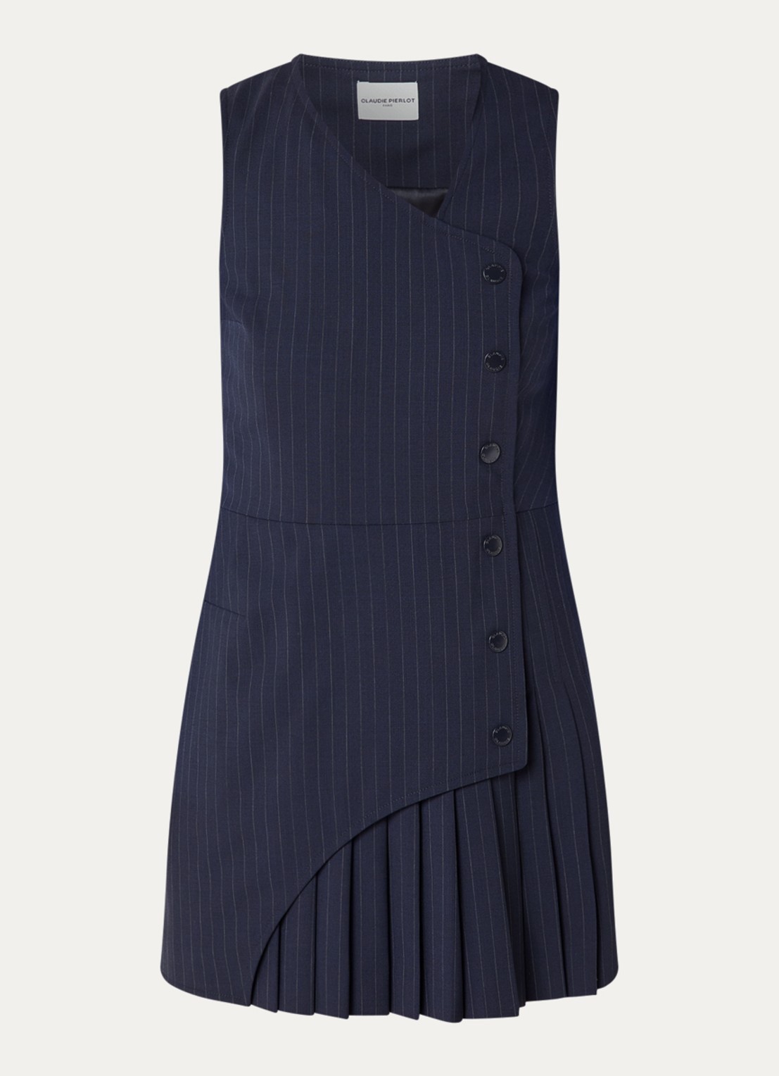 Claudie Pierlot Mini blazerjurk in wolblend met plooien en krijtstreep - voorkant 2 donkerblauw