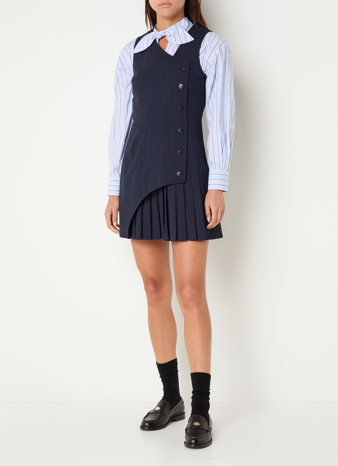 Claudie Pierlot Mini blazerjurk in wolblend met plooien en krijtstreep - voorkant 3 donkerblauw
