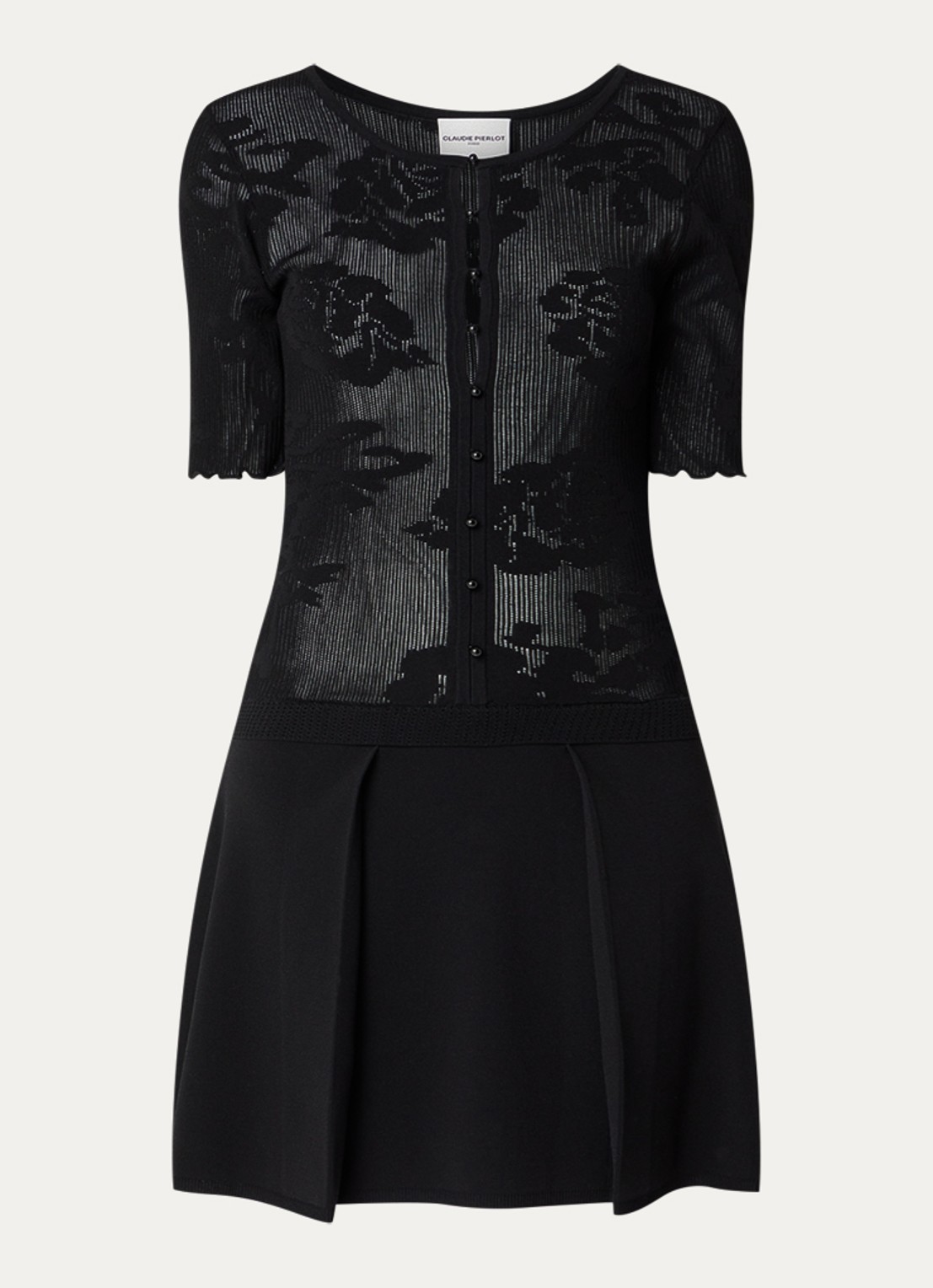 Claudie Pierlot Mini fijngebreide blousejurk met bloemenprint - voorkant 3 zwart