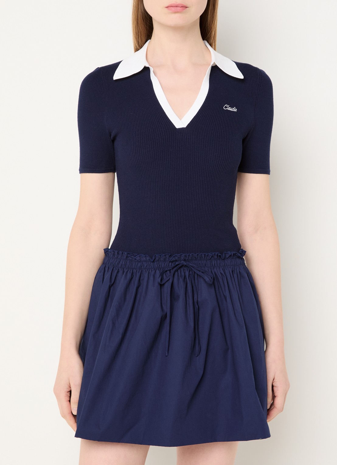 Claudie Pierlot Mini jurk met logo en V-hals - detail 4 donkerblauw