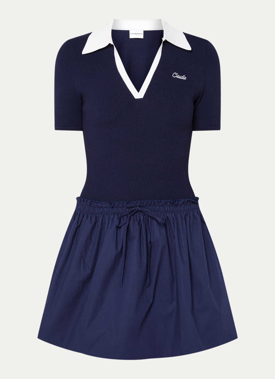 Claudie Pierlot Mini jurk met logo en V-hals - voorkant 2 donkerblauw