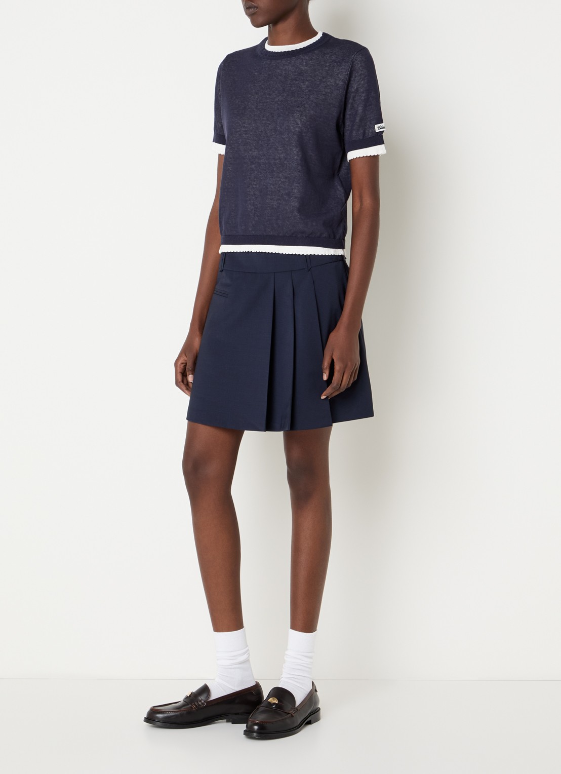 Claudie Pierlot Mini plooirok in wolblend met paspelzak - voorkant 2 donkerblauw