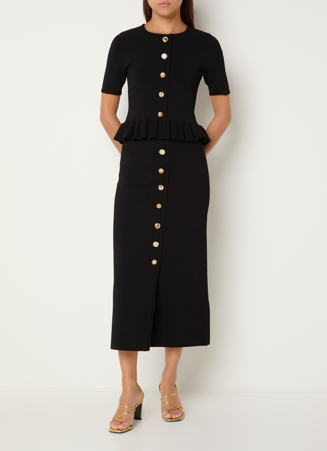 Claudie Pierlot Monarque fijngebreide midi rok met sierknopen - voorkant 3 zwart
