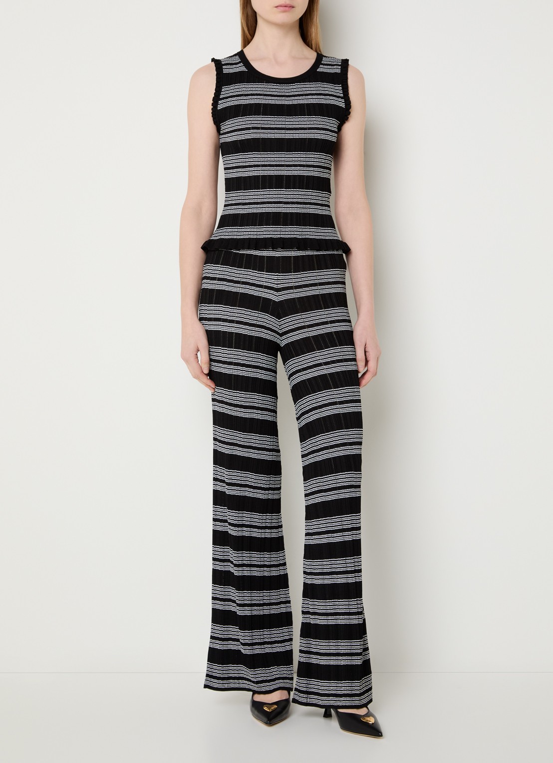 Claudie Pierlot Monpanta high waist flared broek met streepprint - voorkant 4 zwart
