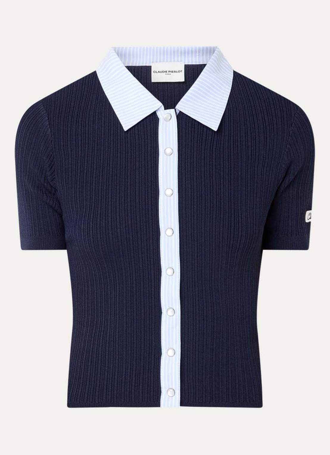 Claudie Pierlot Morina fijngebreid vest met kraag - voorkant 2 donkerblauw
