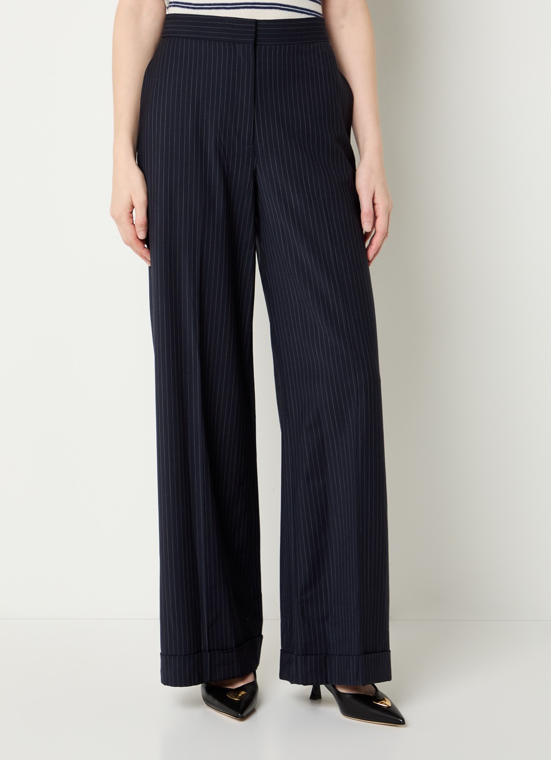 Claudie Pierlot Pacome high waist loose fit pantalon met streepprint - detail 2 donkerblauw